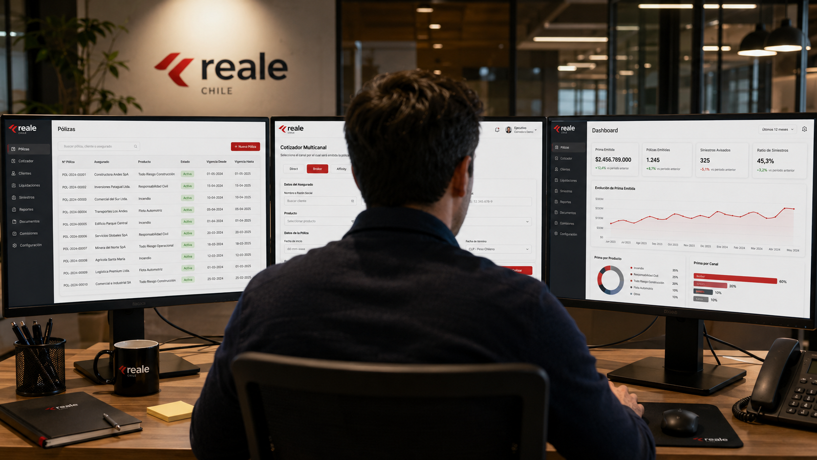 Reale Chile broker at triple-monitor workstation