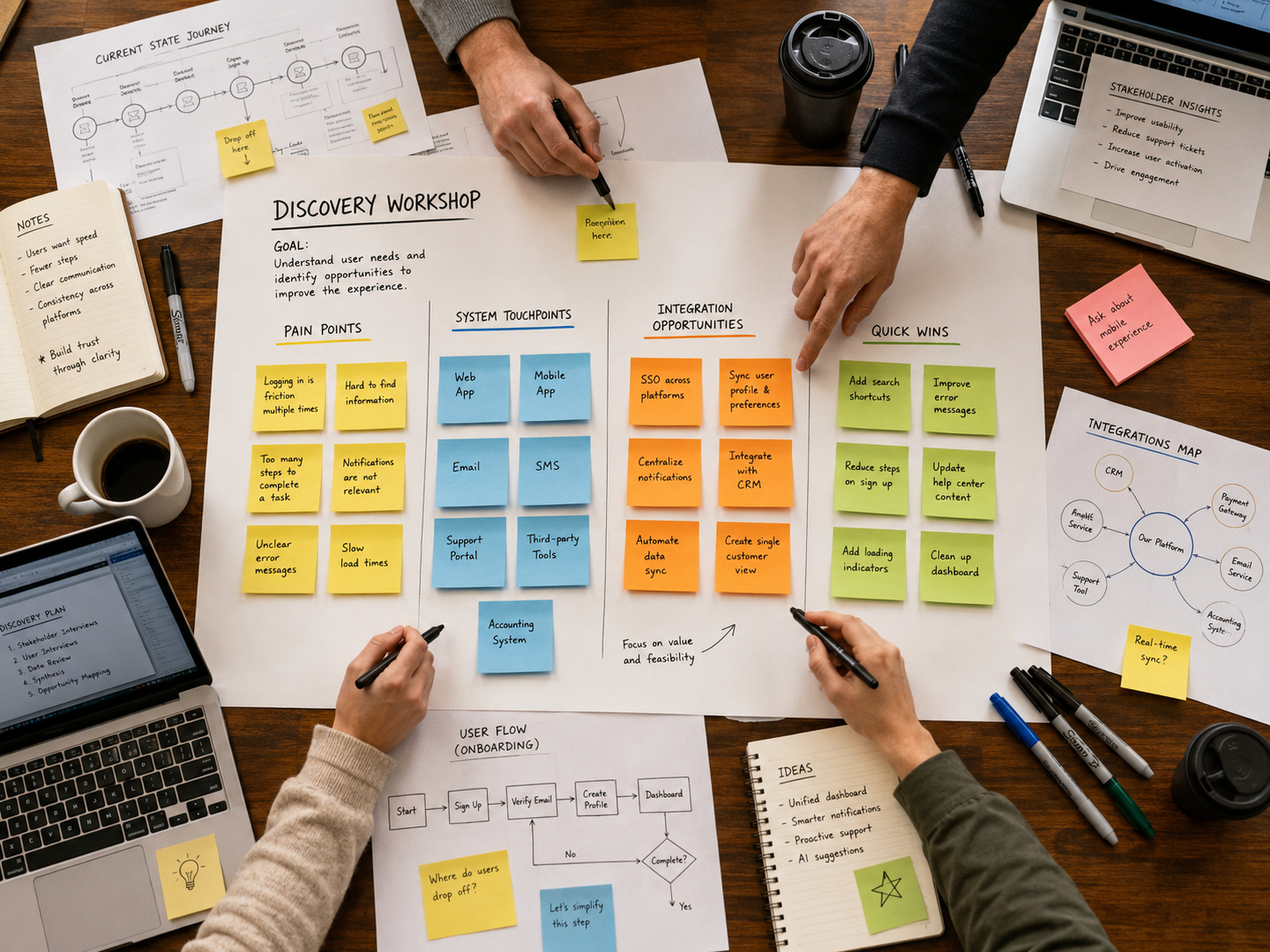 Discovery sprint workshop — team mapping system touchpoints with sticky notes