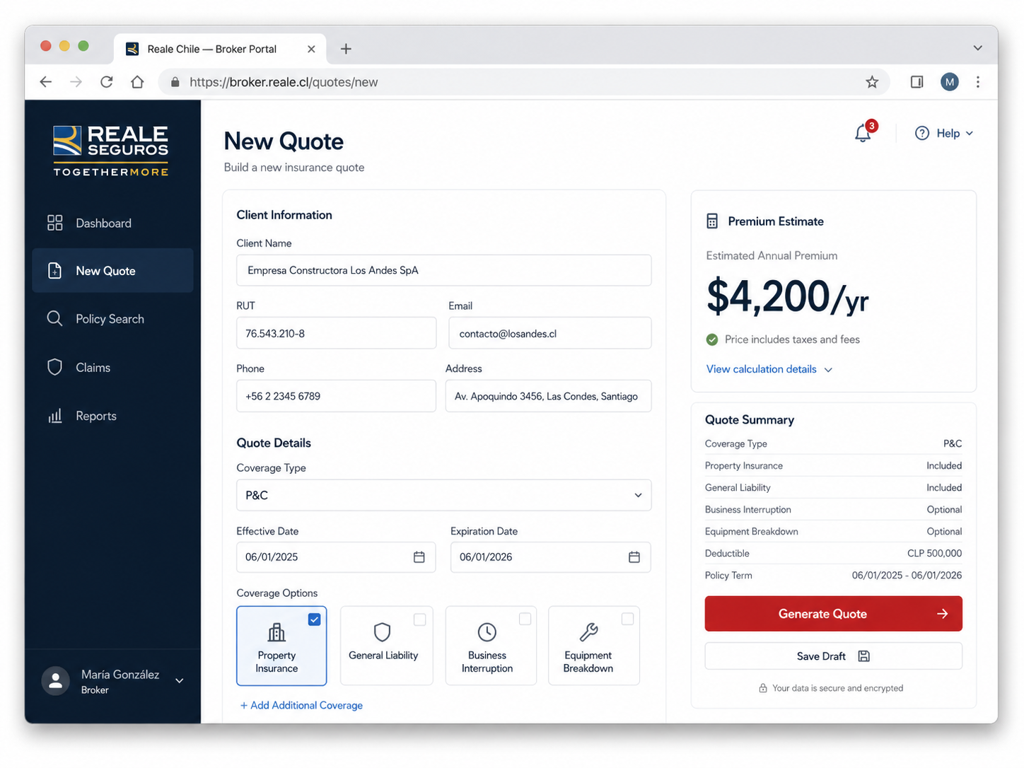 Reale Chile broker quoting portal UI