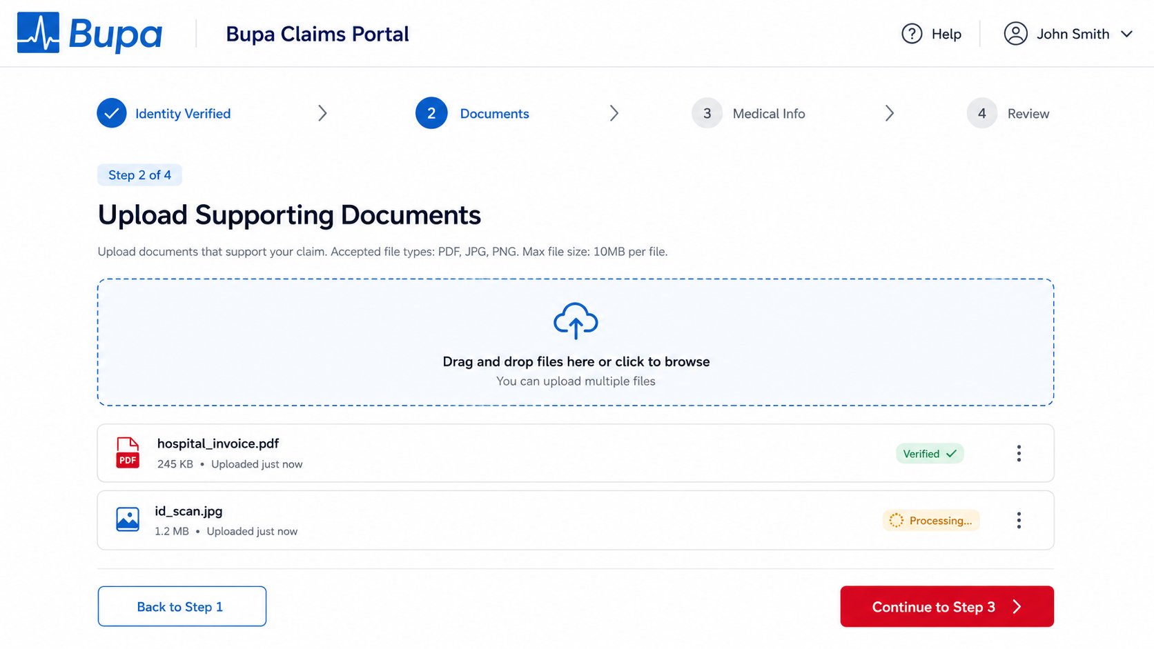 Bupa claims intake portal — upload documents step